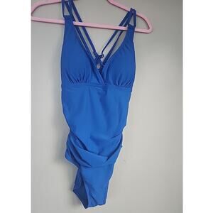 KI LAPHEE Women's size M Black Halter Ruched waist One piece swimsuit NWT